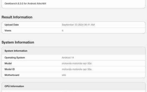 摩托罗拉 Razr 50s 折叠屏手机现身 Geekbench：天玑 7300，配 8GB RAM