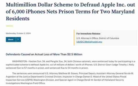 骗了苹果250万美元！两名男子以假换新6000多部iPhone：被判刑近5年