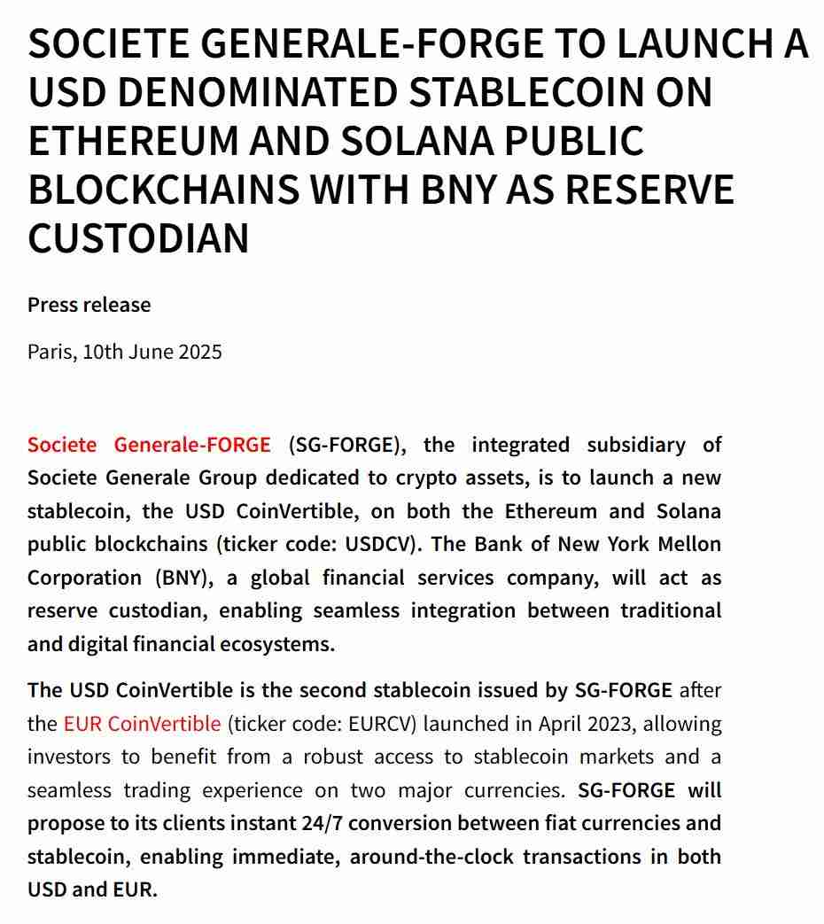 Societe Generale推出了USD固定的StableCoin USD共同动物(USDCV)