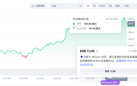 BNB突破880美元，24小时涨幅达到6.55%
