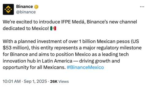 币安(Binance)将推出其新的墨西哥实体Medá，计划投资5300万美元