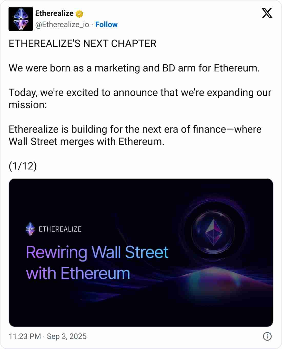 以太坊(ETH)营销公司Etherealize获4000万美元融资,多家企业本周追加12亿美元投资详