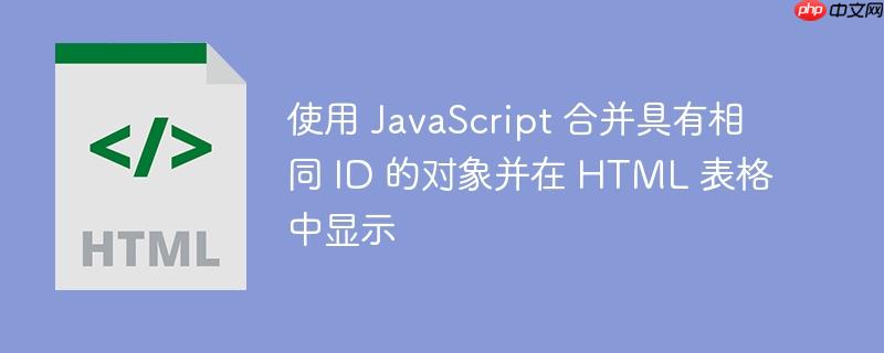 使用 javascript 合并具有相同 id 的对象并在 html 表格中显示