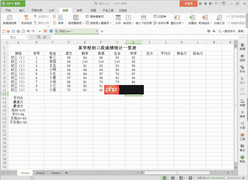 WPS统计学生成绩人数