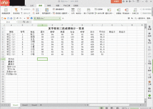 WPS统计学生成绩人数