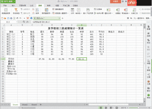 WPS统计学生成绩人数
