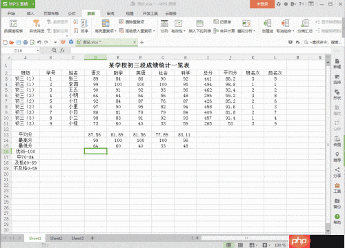 WPS统计学生成绩人数