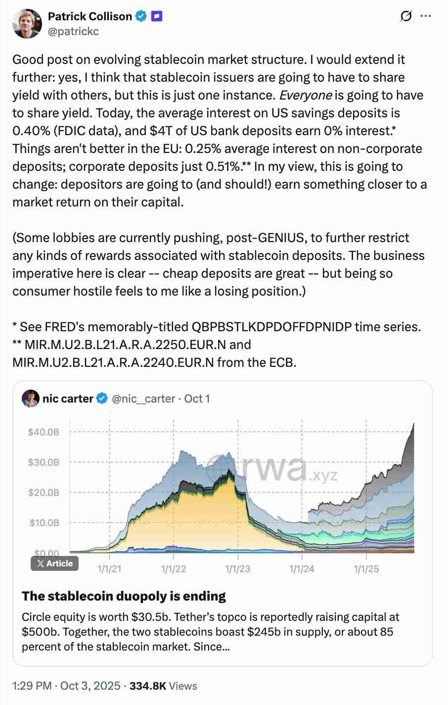 Stripe CEO(帕特里克·科里森)分析:稳定币将迫使“所有人”共享收益