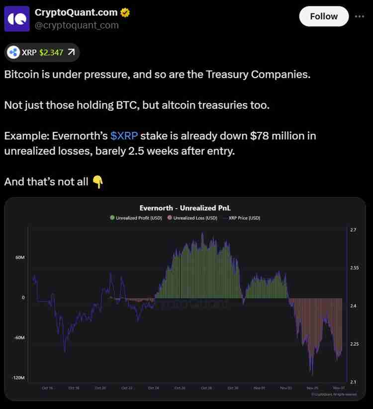 CryptoQuant深度分析：Evernorth 的未实现瑞波币（XRP）损失暴露了 DATs 日益增长的压