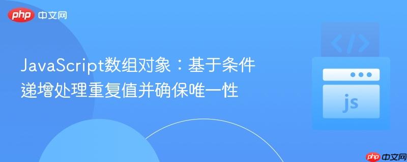 JavaScript数组对象:基于条件递增处理重复值并确保唯一性